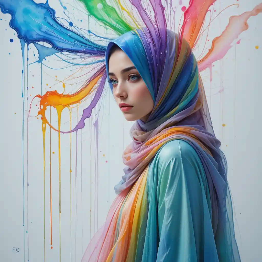 Woman in hijab with flowing rainbow watercolor dress