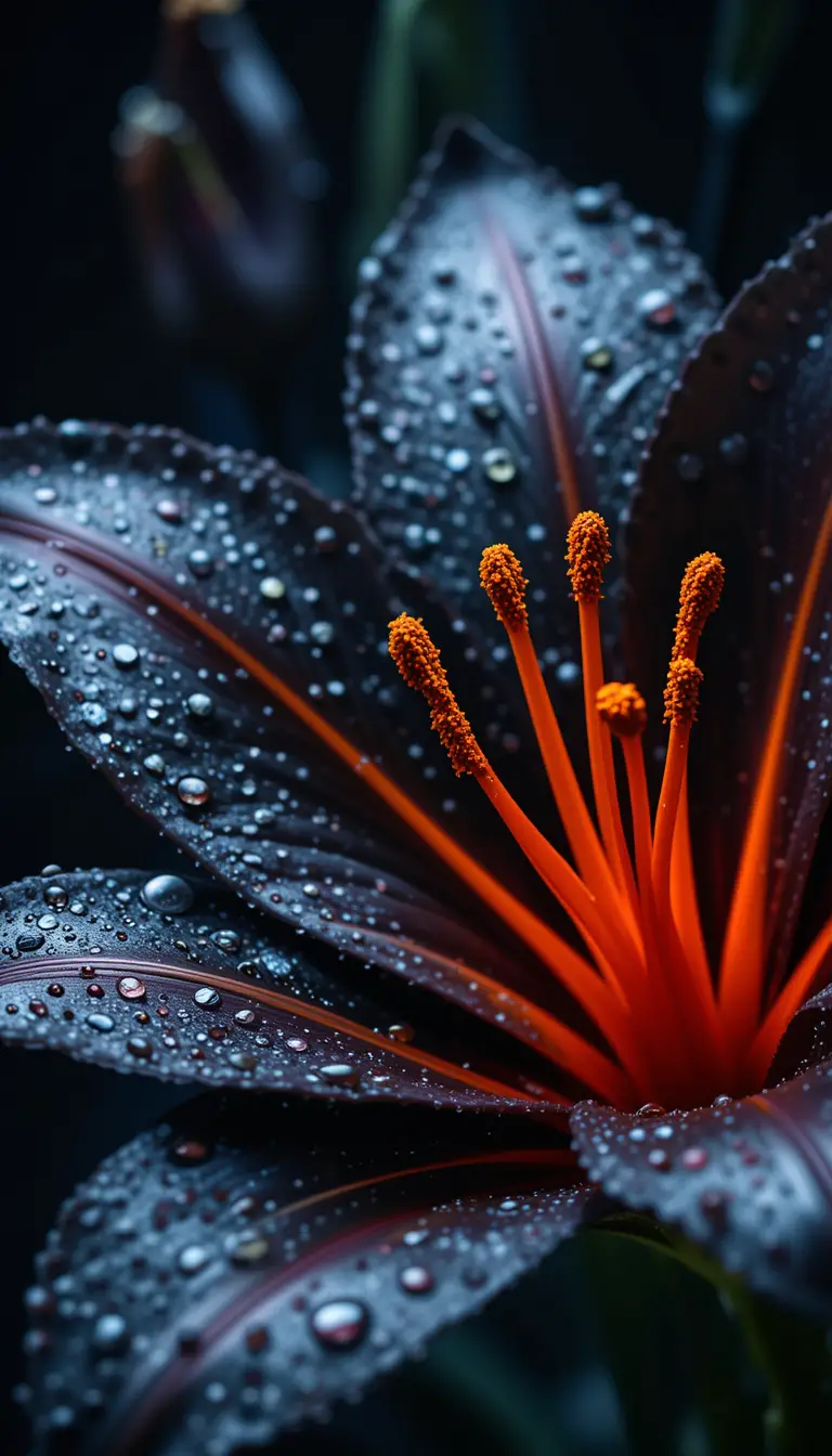 Close up black lily with glistening water droplets