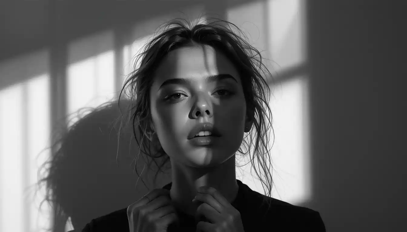 Monochrome portrait with playful expression and soft shadows