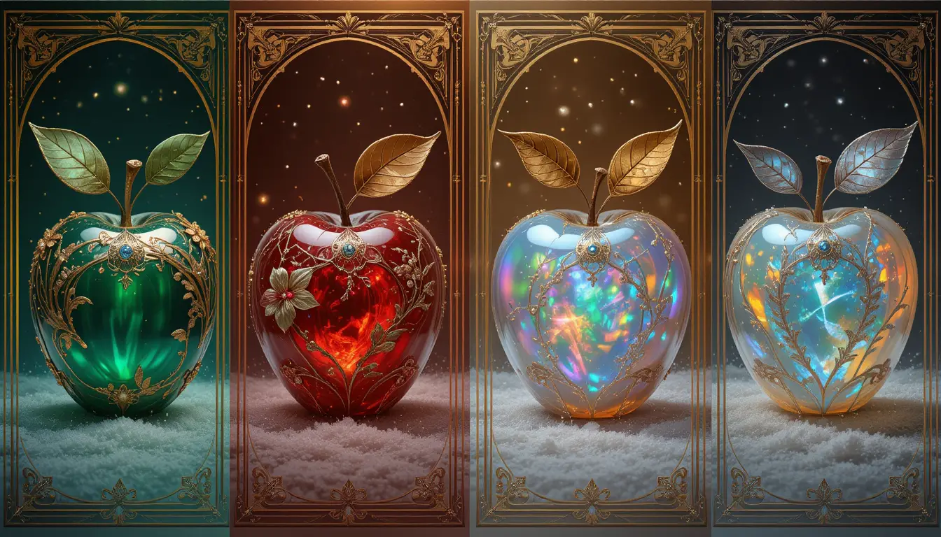 Gemstone apples symbolizing the four seasons in panels