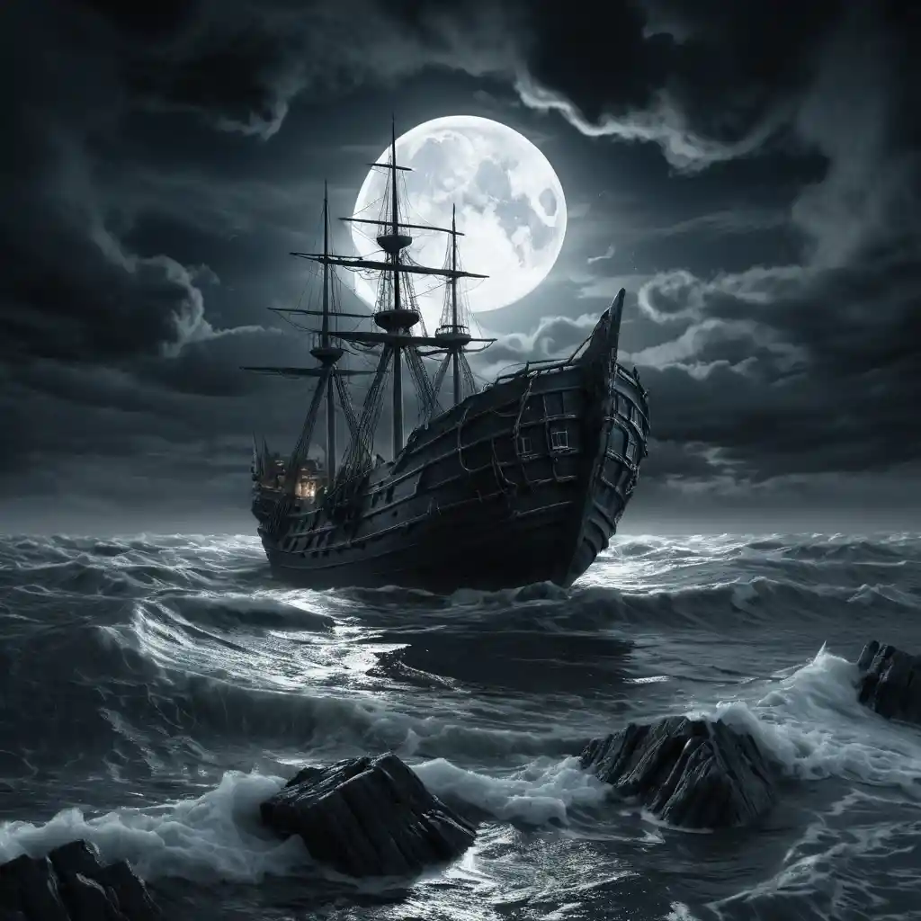 Dark fantasy ships beneath a moonlit stormy seascape