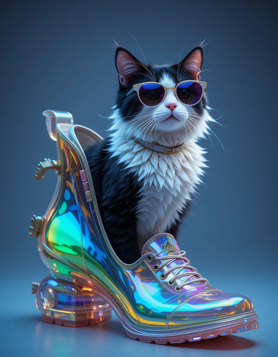 Gato fantástico blanco y negro saliendo de un zapato colorido