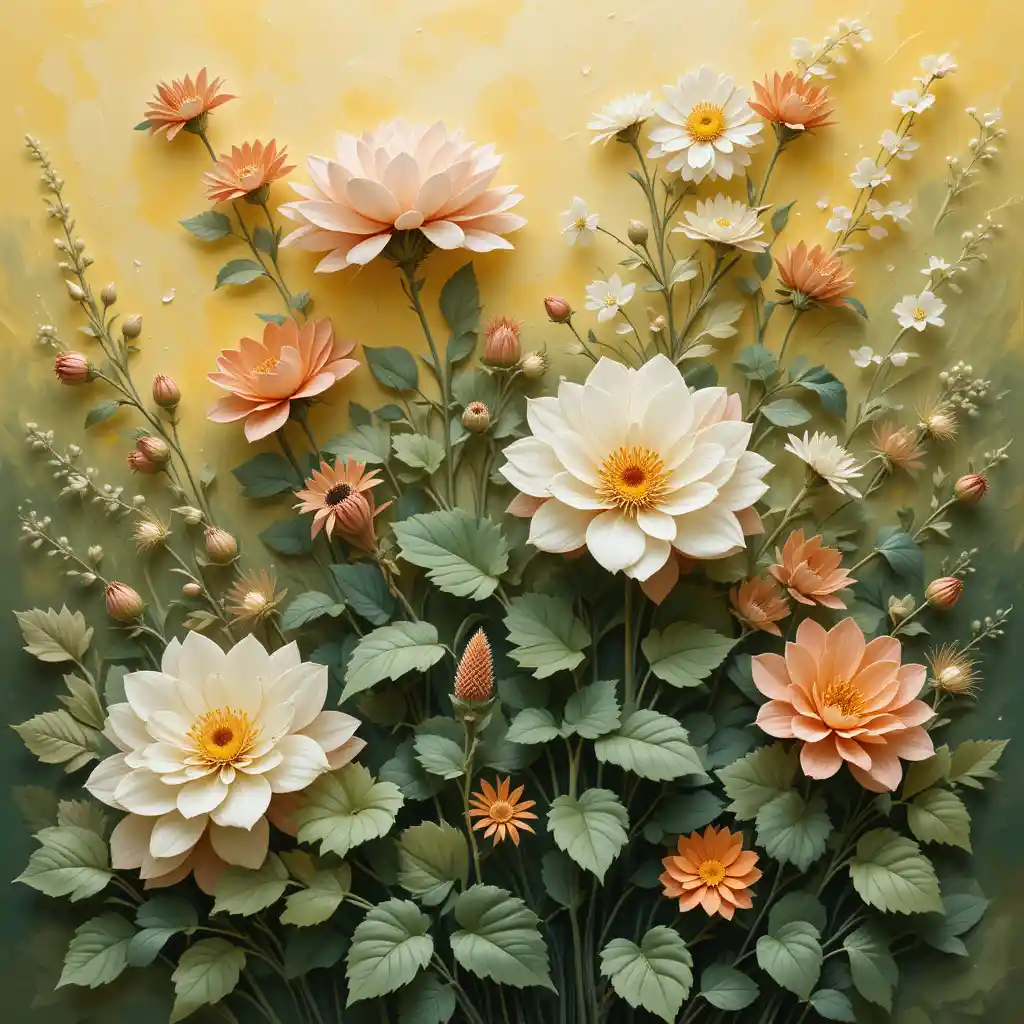 Relief painting of flowers with abstract misty background