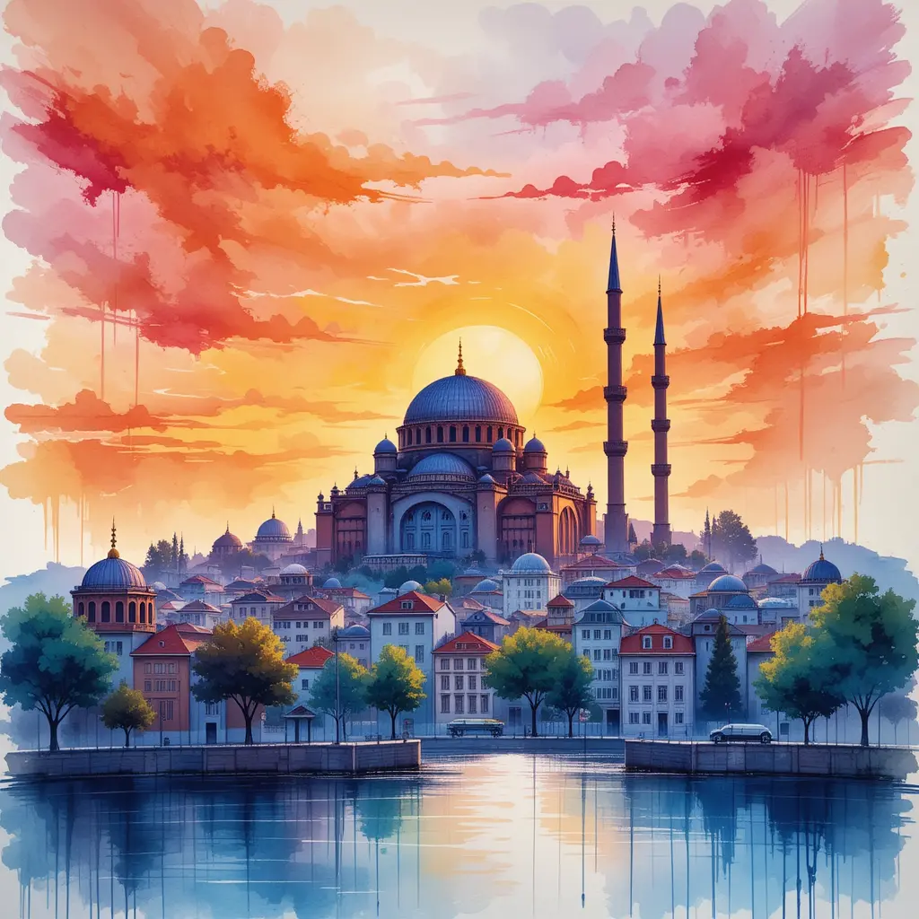 Watercolor cityscape with mosque at colorful sunset