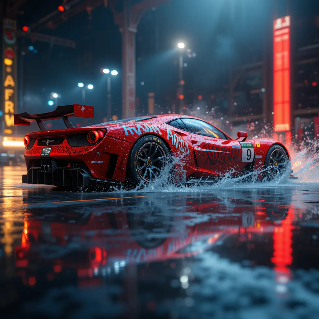 3d close up of ferrari race car on wet racetrack