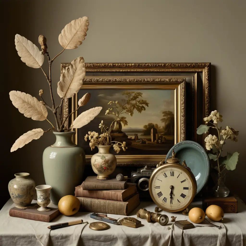 Vintage still life with symbolic objects and memories
