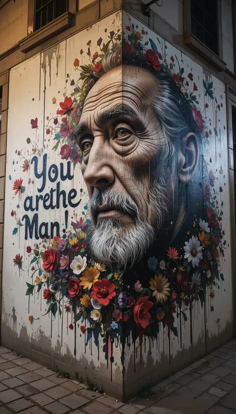 Sad old man street art on vintage corner wall