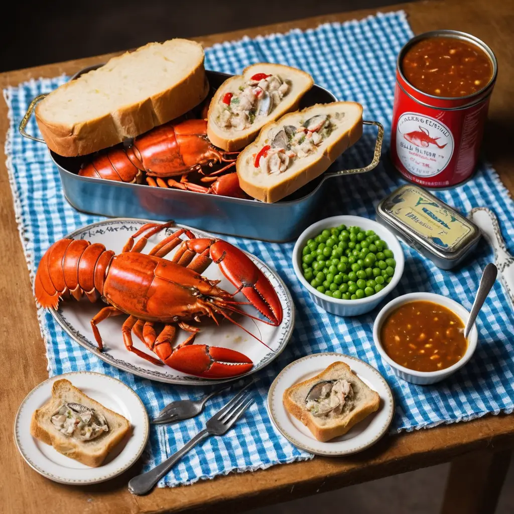 Flaky sweet pie and seafood tin on a table