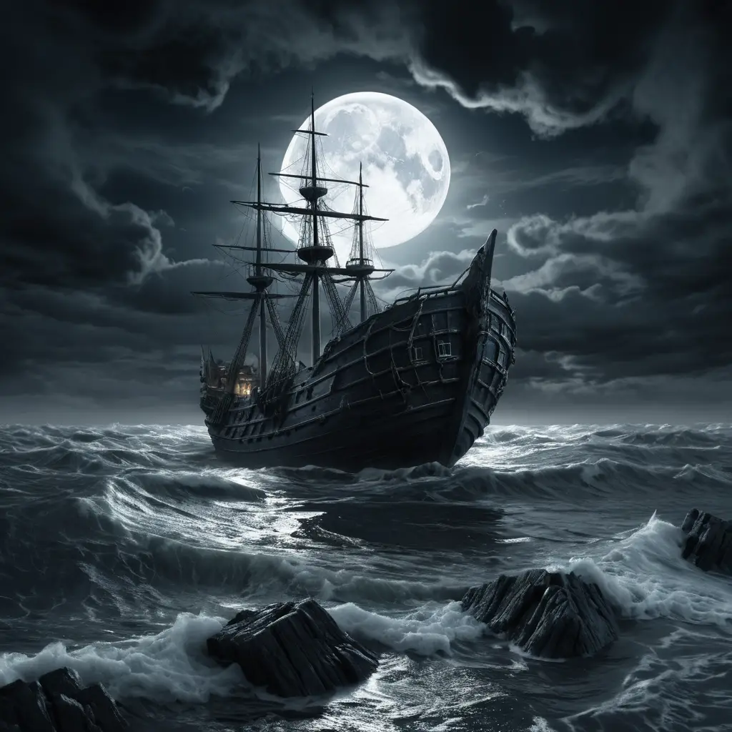 Dark fantasy ships beneath a moonlit stormy seascape