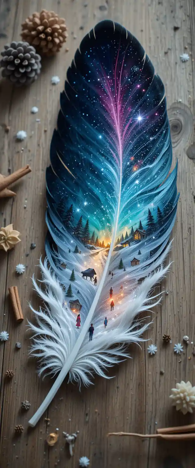 Double exposure feather on rustic wooden tabletop poster