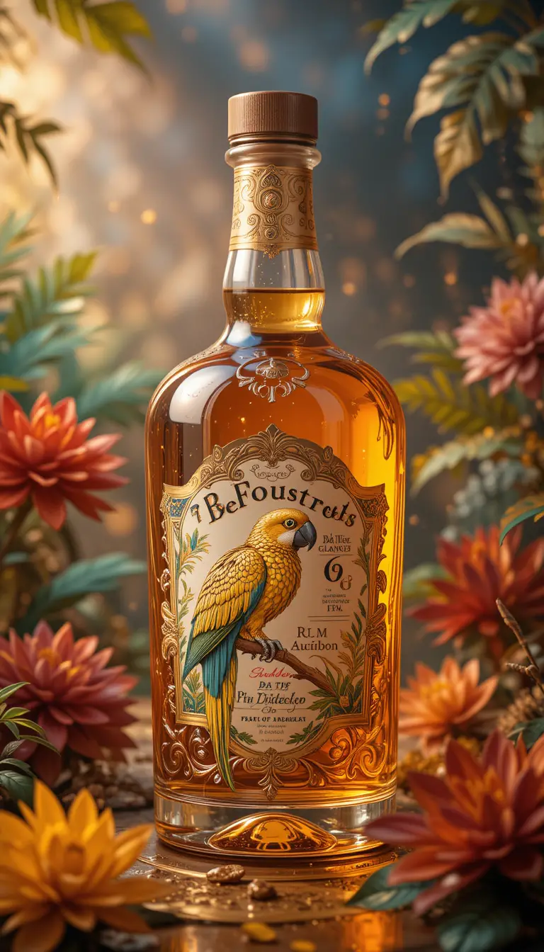 Golden parrot rum bottle label in warm tropical light