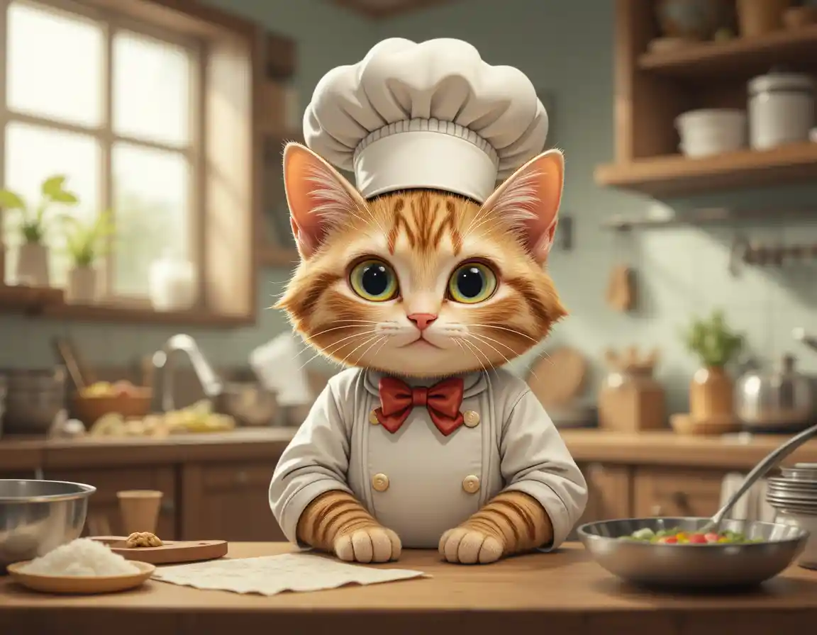 Chef cat illustration in a bright kitchen interior