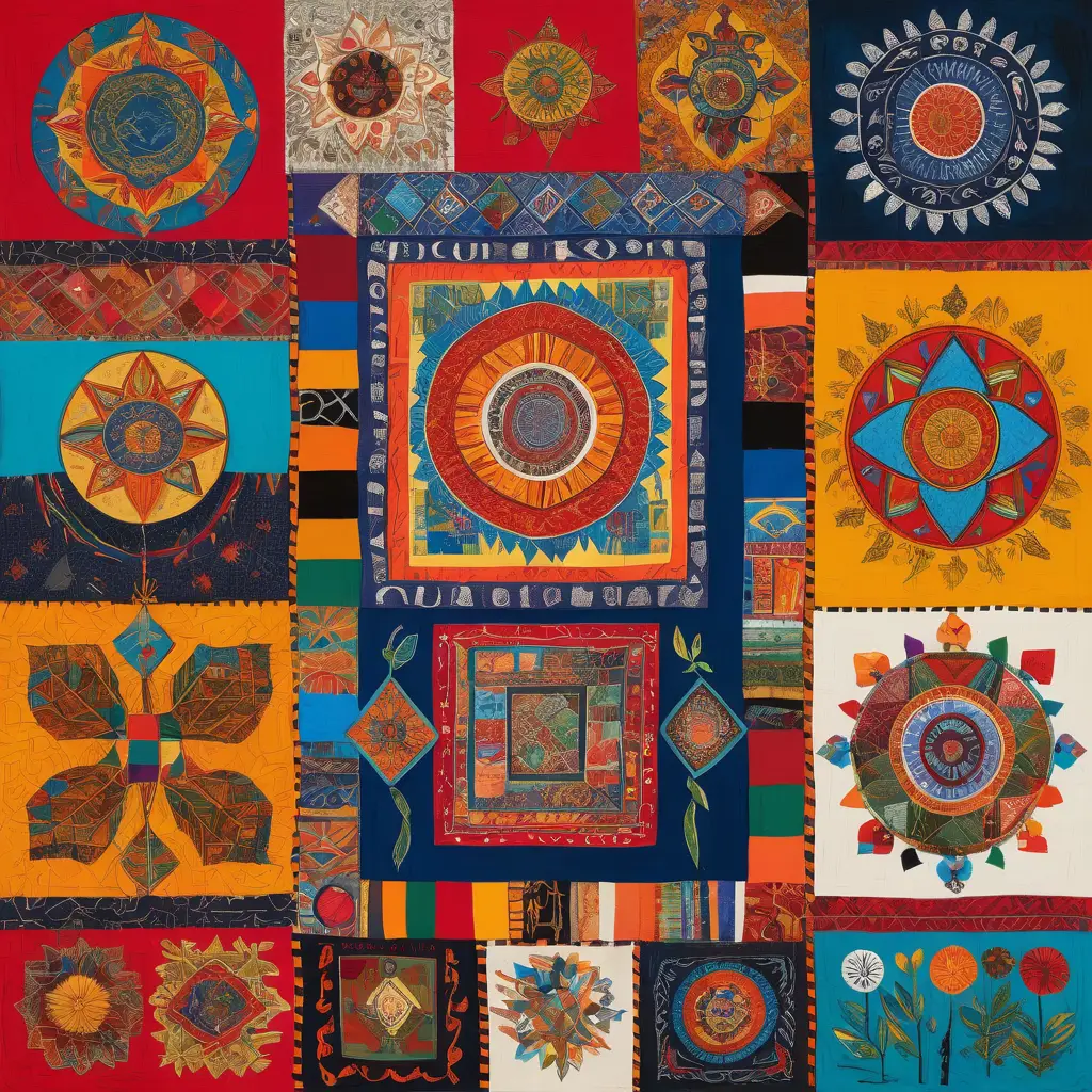 Mixed media collage of global cultural symbols in bright colors
