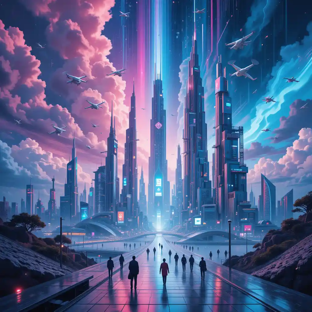 Futuristic Metropolis With Floating Architecture And Neon Sky