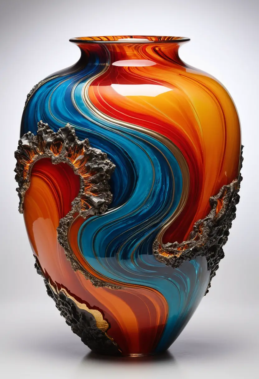 Ornate crystal vase with molten lava inspired enamel design