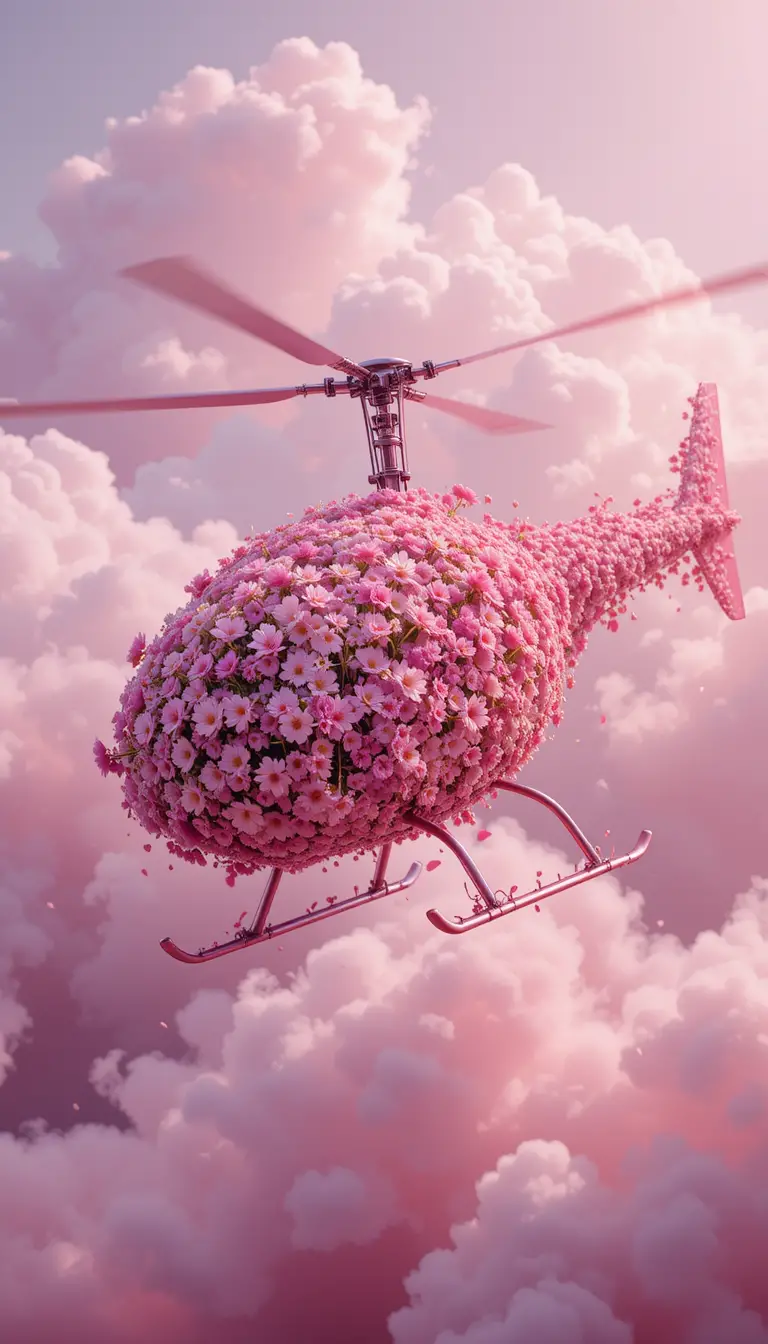 Pink mechanical helicopter filled with tiny flowers in air
