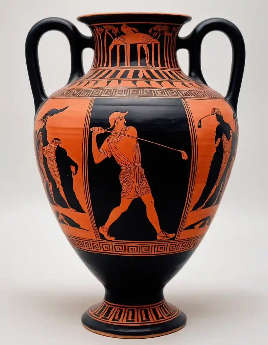 Antique Greek vase with red figure golf player artwork