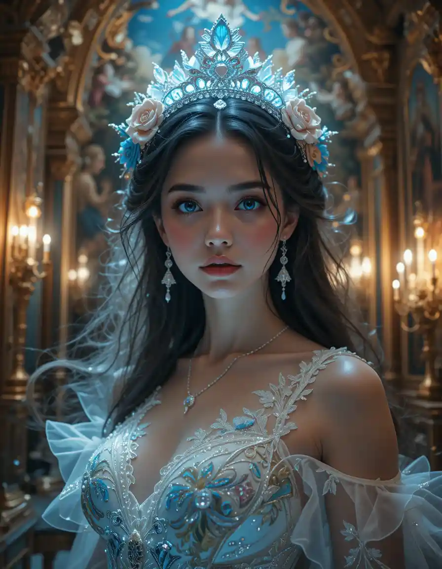 Photorealistic woman rising in ornate rococo interior