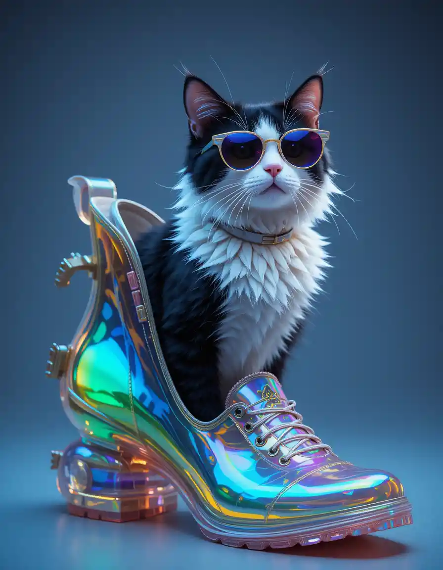 Gato fantástico blanco y negro saliendo de un zapato colorido