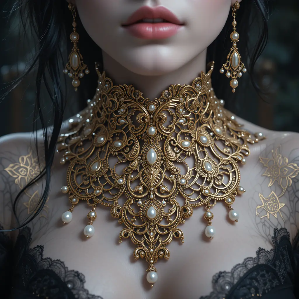 Ornate gold filigree necklace on pale skinned model