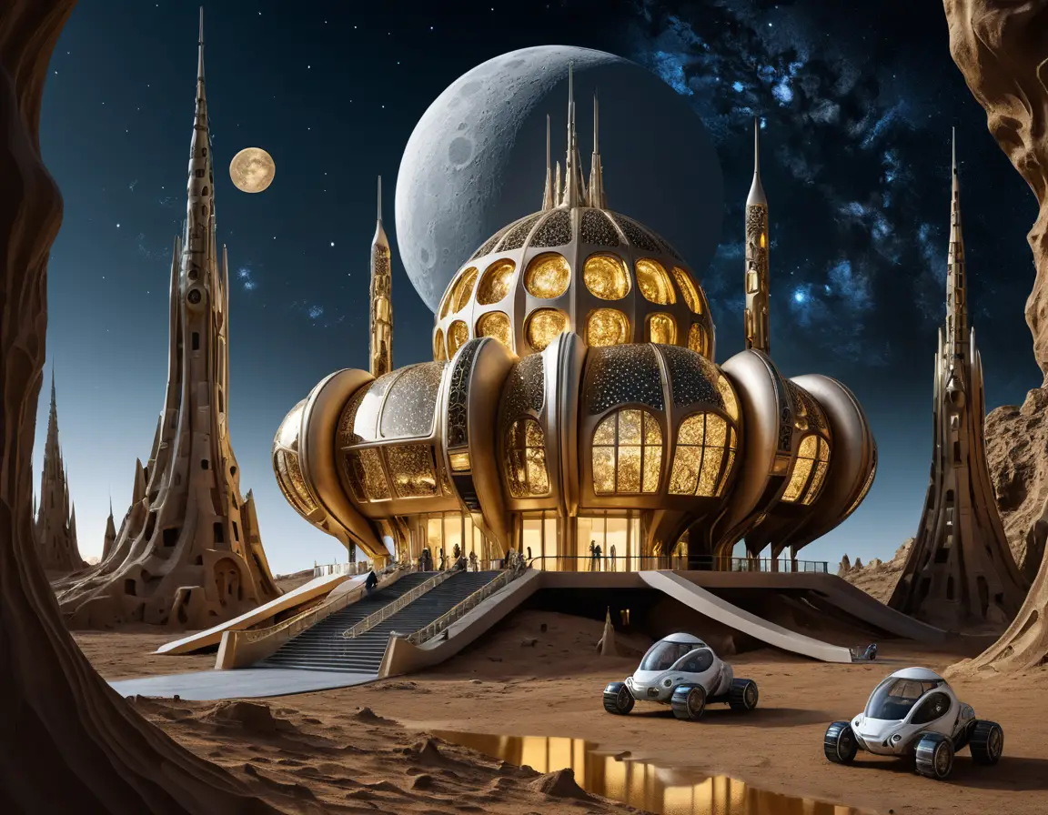 Sci fi temple on a lunar landscape under starry sky