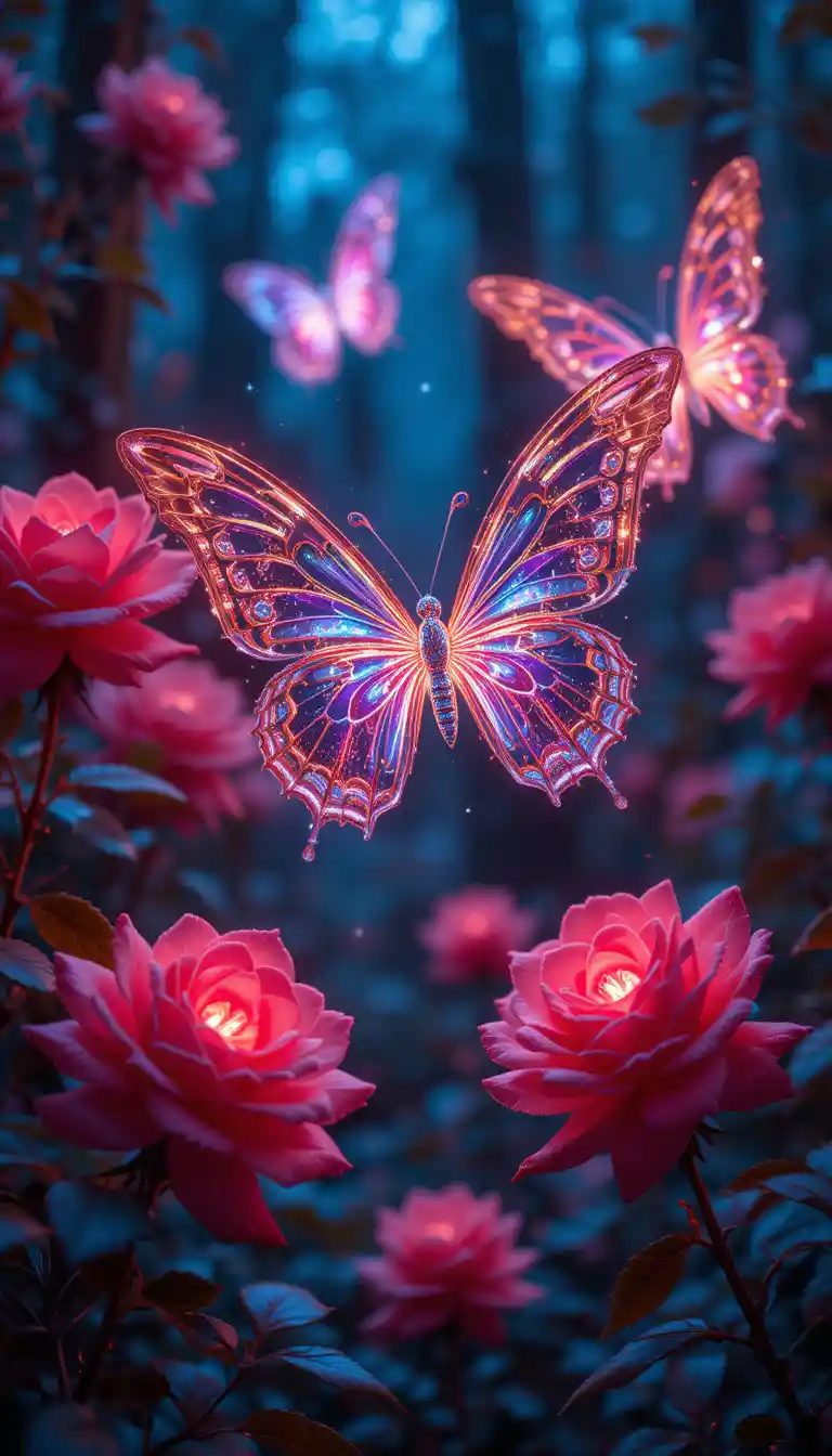 Neon crystal butterflies illuminating roses in enchanted forest