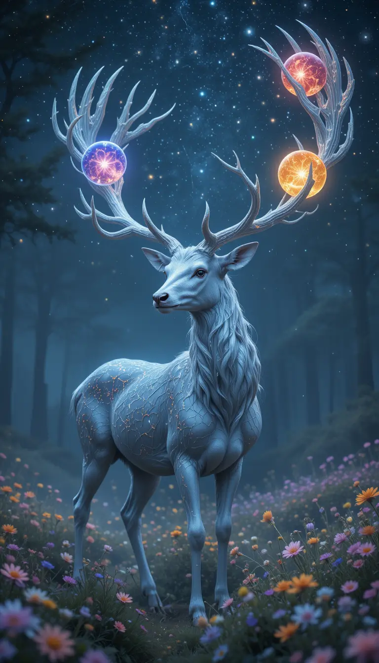 Majestic stag with glowing antlers in a mystical meadow
