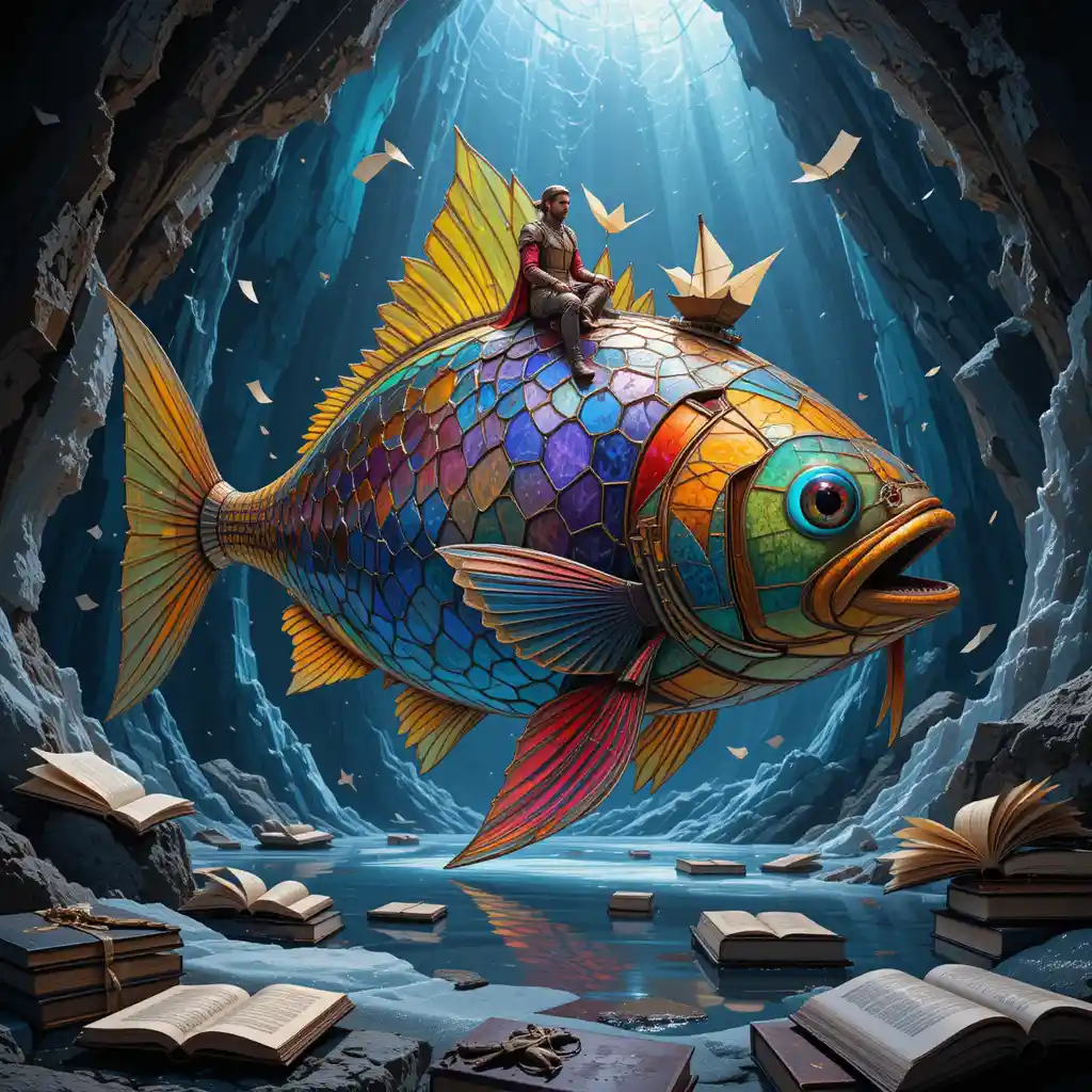 Colossal stained glass fish swimming through an icy cavern