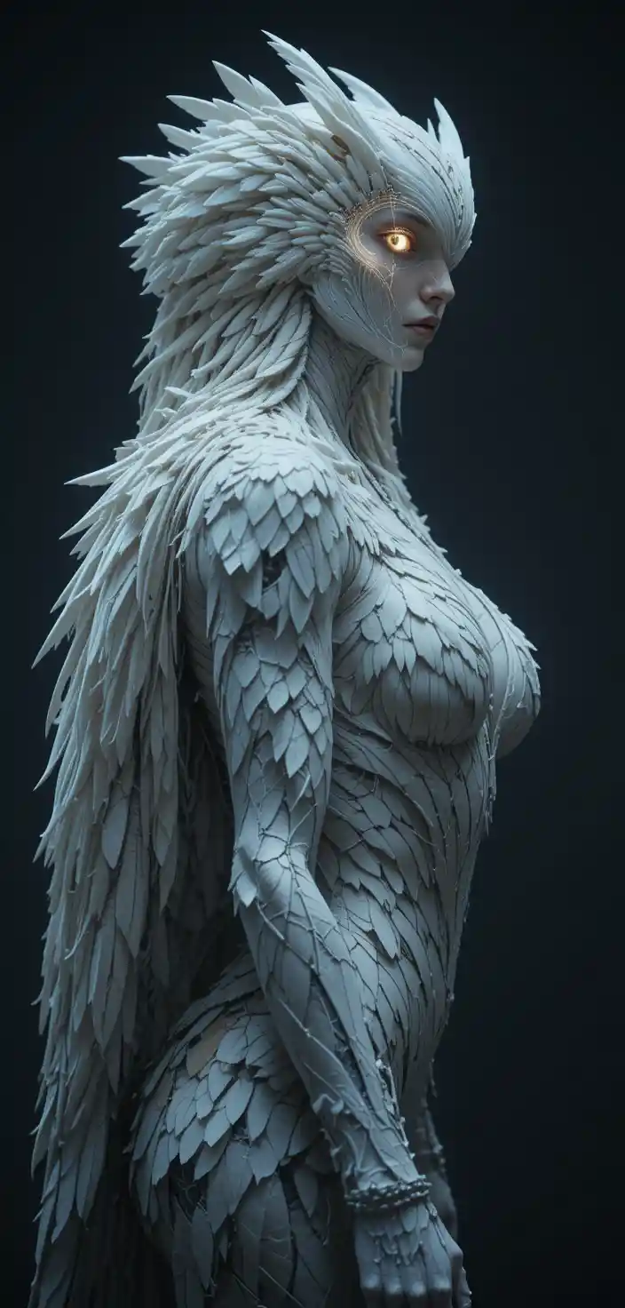 Feminine owl humanoid in sleek futuristic exo suit
