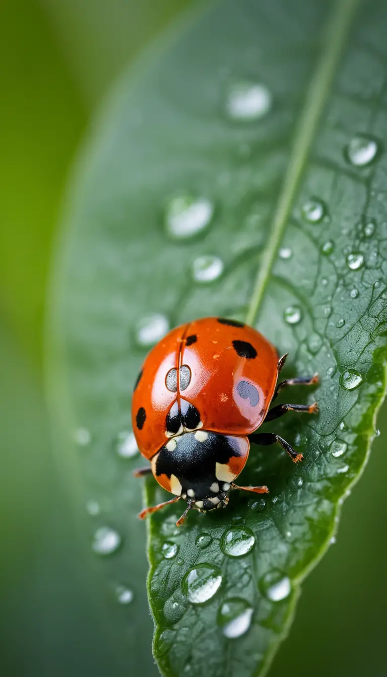 Macro ladybug with water droplets on green leaf