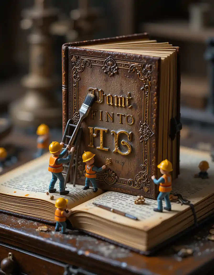 Operai edili in miniatura che puliscono un libro antico