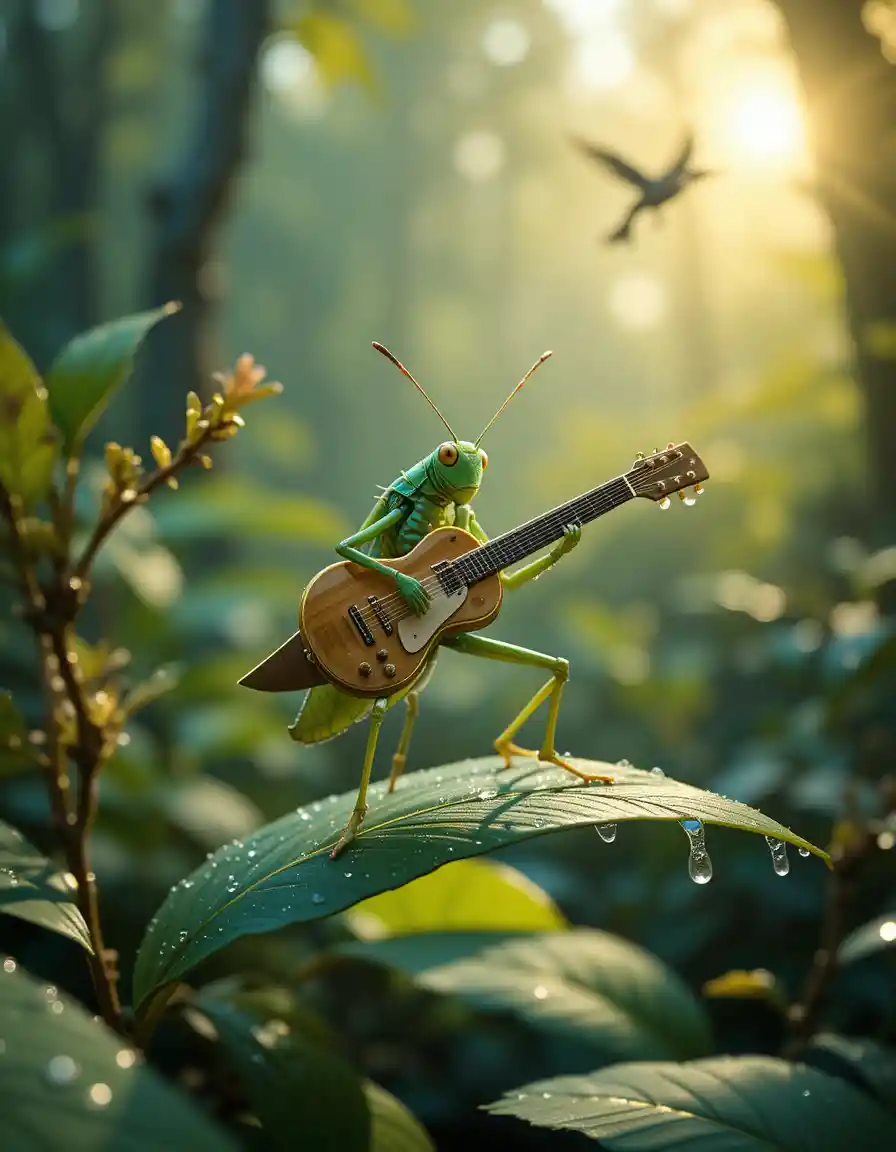 Grasshopper Playing Guitar On Dewy Leaf At Dawn