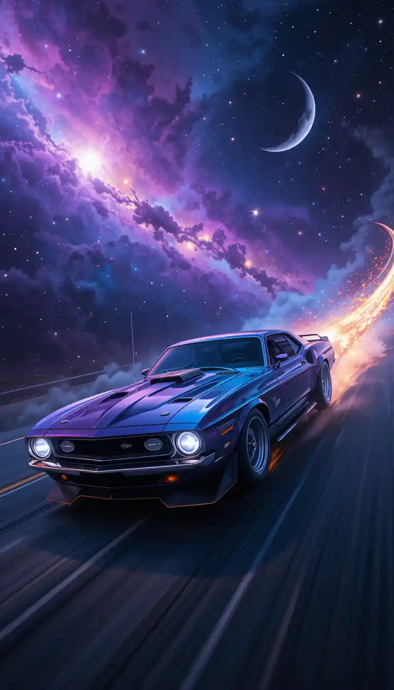 Futuristic muscle car racing through colorful outer space