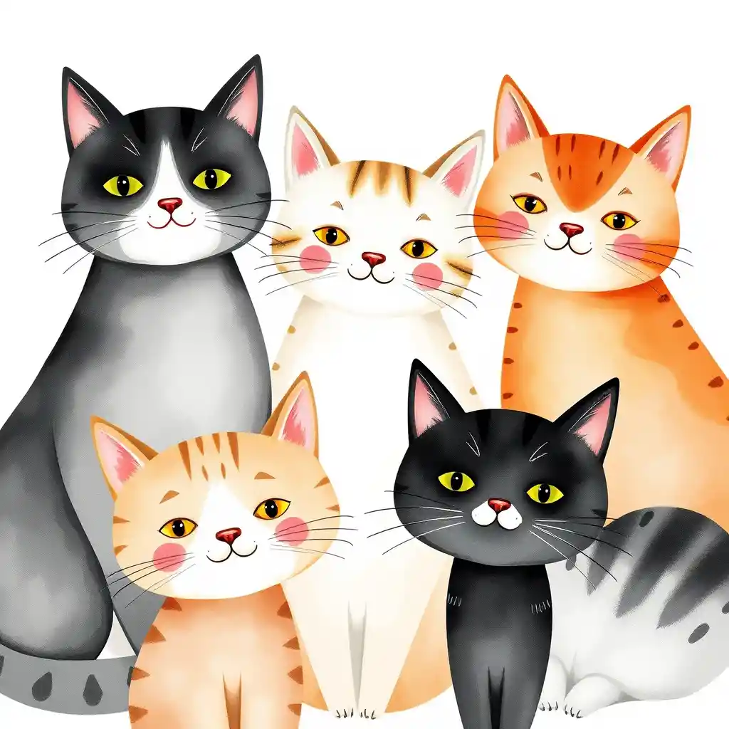Playful quirky cats in soft watercolor illustration