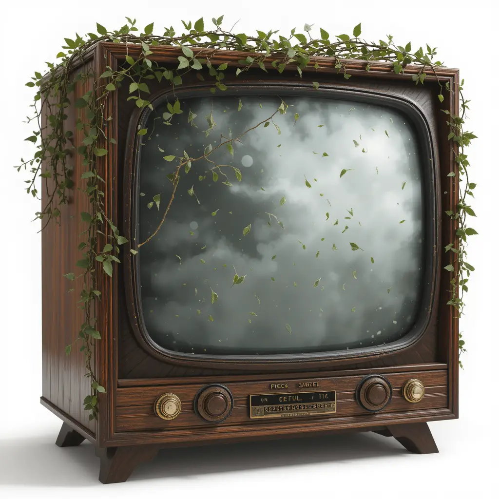 Ancien téléviseur surréaliste parmi un brouillard tourbillonnant et du gui