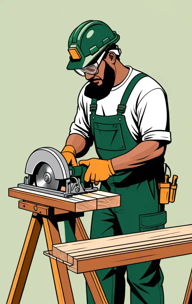 Carpenter Cutting Lumber On Sawhorses At Construction Site
