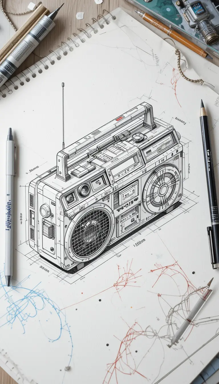 Isometric sketch of a futuristic 80s style radio device