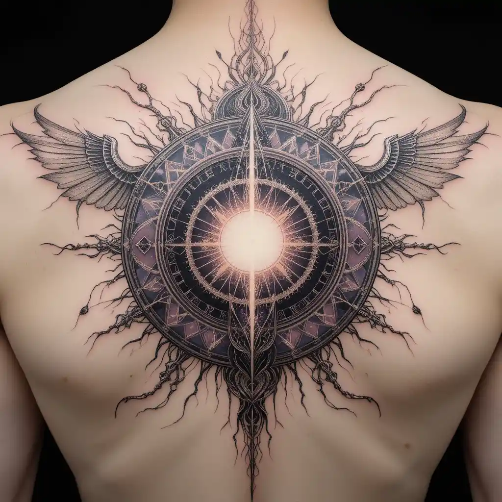 Kosmisches, heiliges Symbol-Tattoo über dem ganzen Rücken