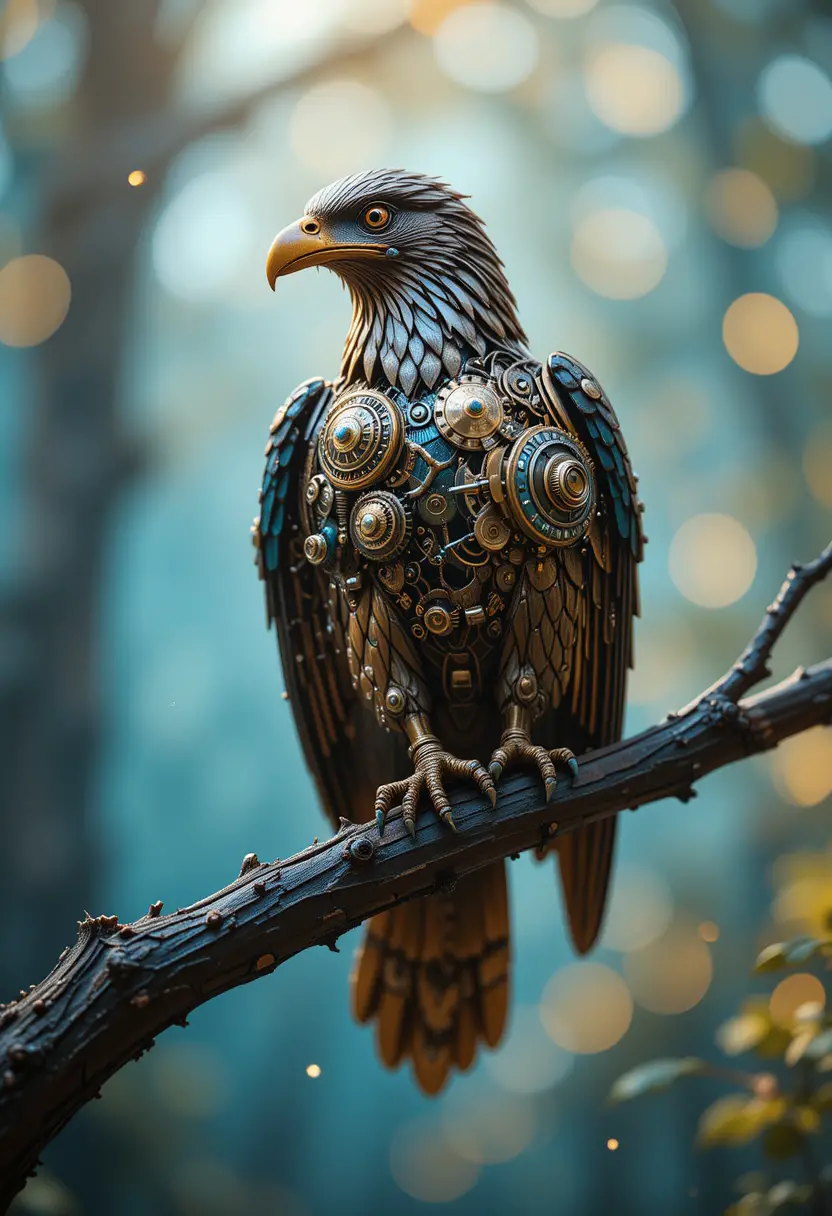 Steampunk Eagle Sculpture Perched On Wooden Branch