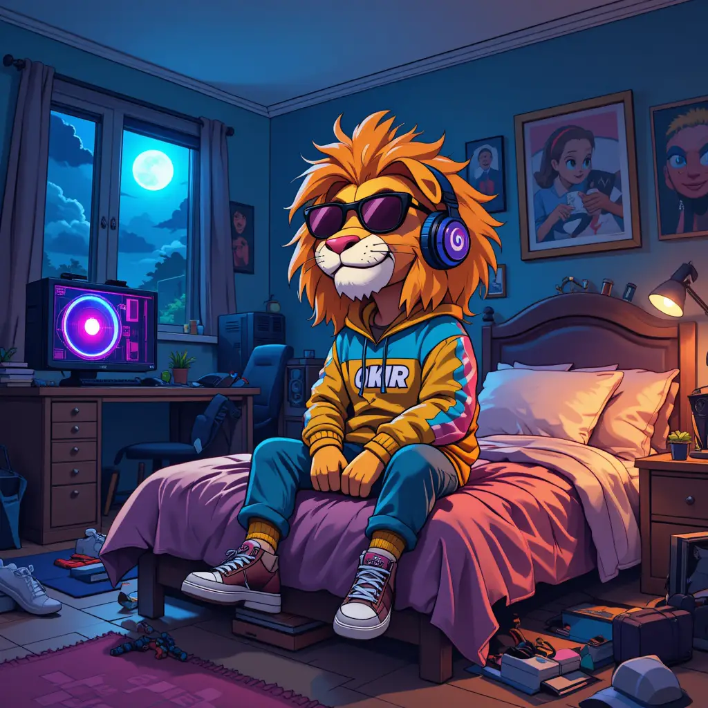 Cool lion teen relaxing in a messy cartoon bedroom