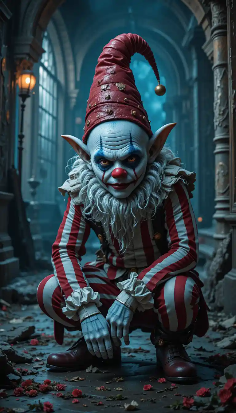 Portrait de nain clown dans un décor de fantasy gothique inquiétant