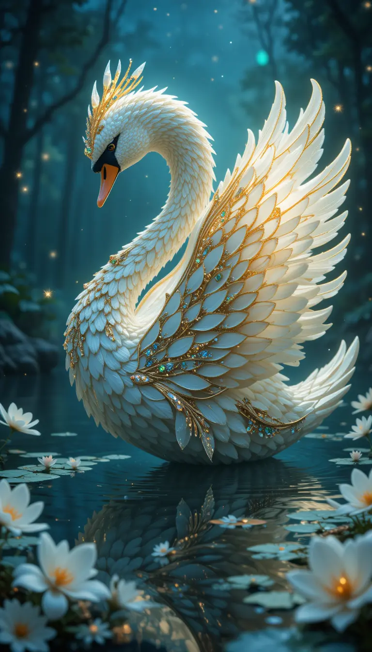 Radiant Swan With Gemstone Feathers On A Nocturnal Lake