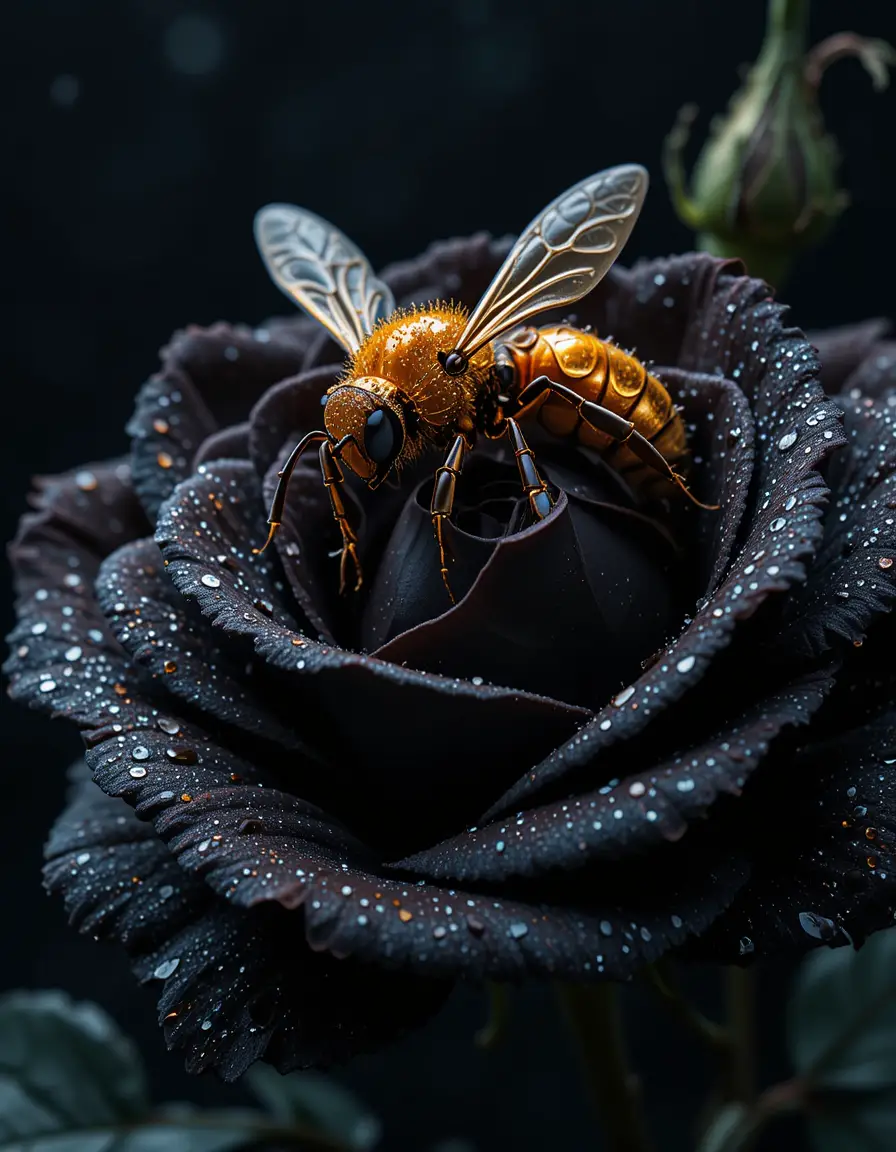 Robotic Orange Bee Flying Above A Black Rose