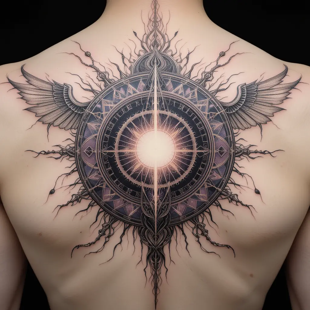 Kosmisches, heiliges Symbol-Tattoo über dem ganzen Rücken