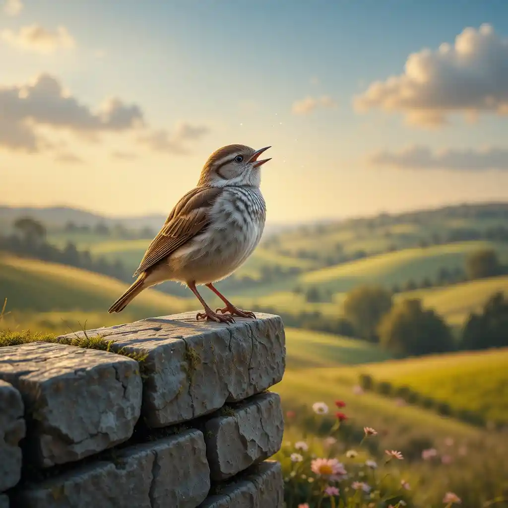 Moineau chantant sur un vieux mur de pierre au lever du soleil