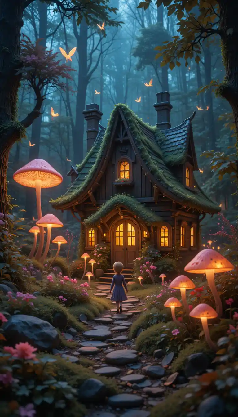 Elf, der zu einem leuchtenden Pilzhaus im verzauberten Wald geht