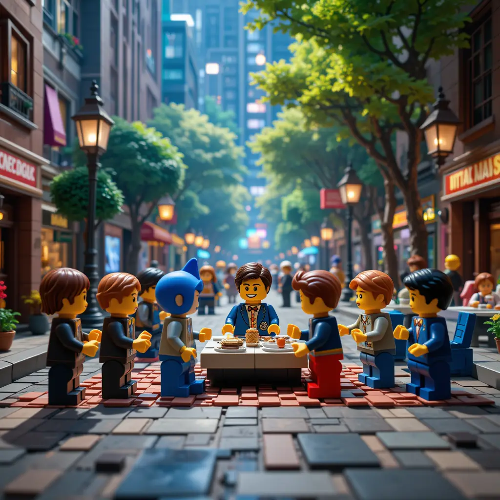 Lego minifigures interacting in a realistic urban street scene