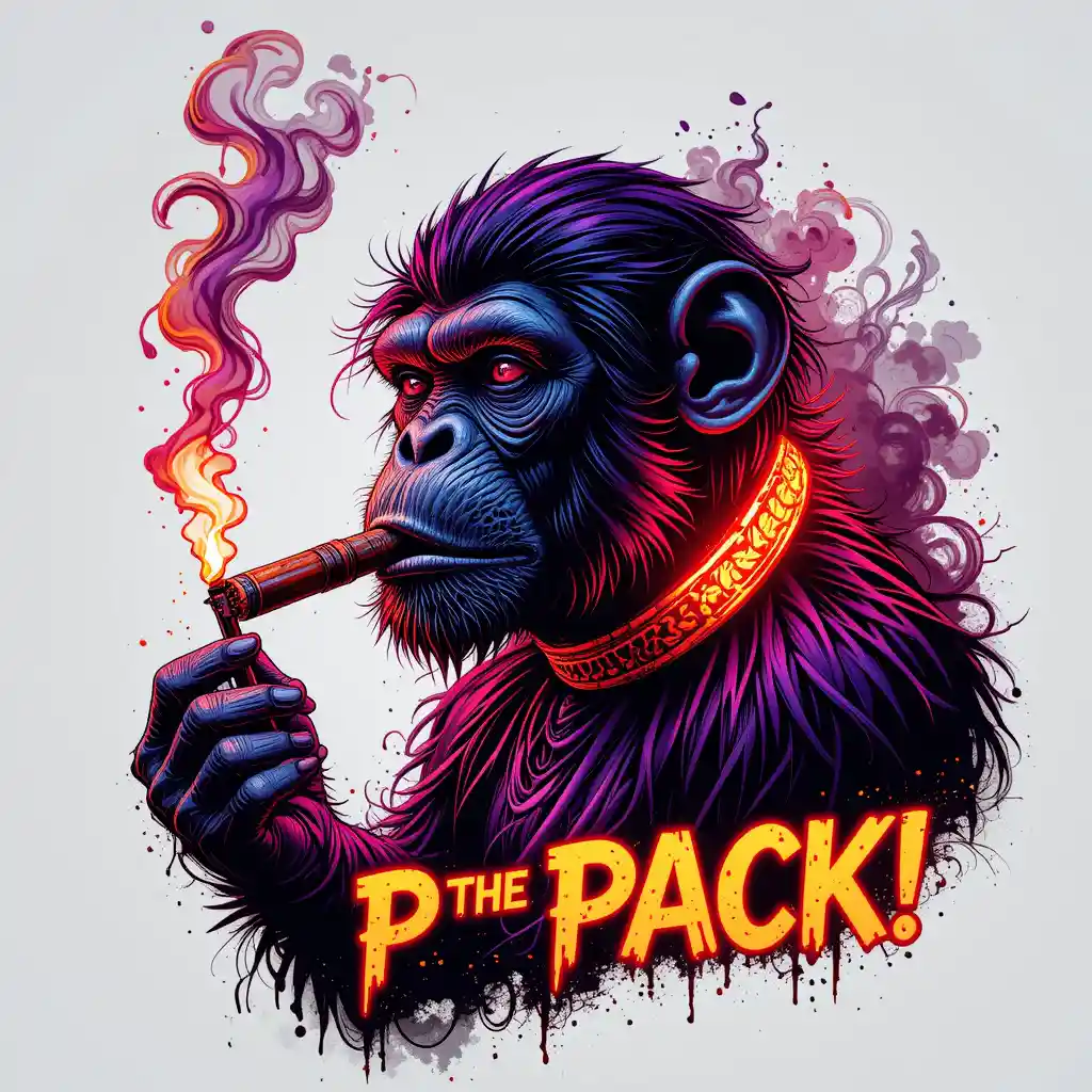 Monkey with glowing collar and cigar in fiery smoke