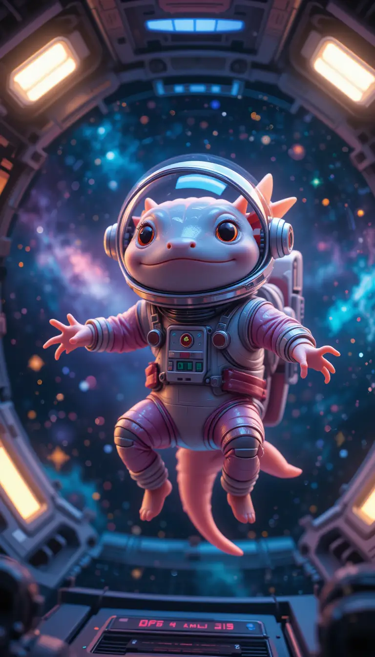 Cute axolotl astronaut floating inside a colorful spaceship