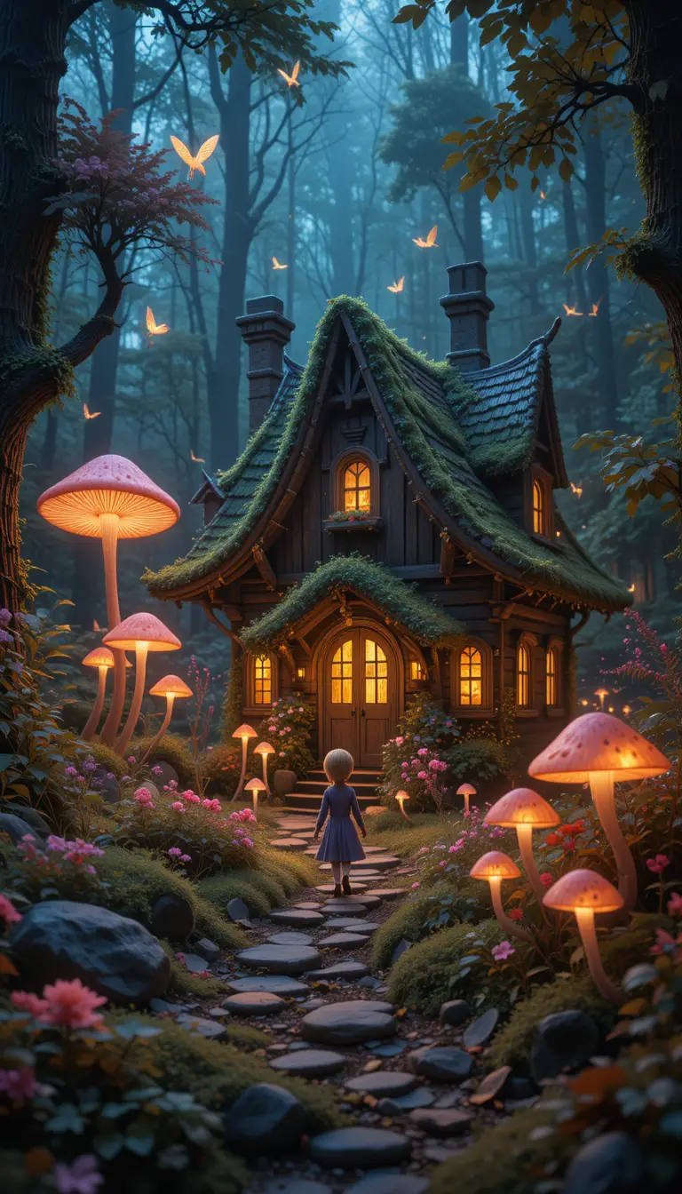 Elf walking to a glowing mushroom house in enchanted forest